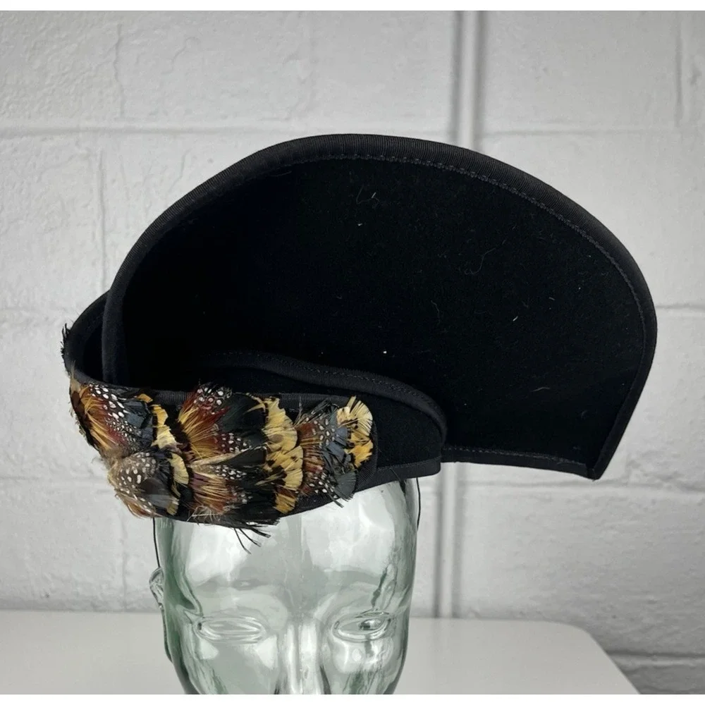 Vintage 40s 50s Tilt Hat Black Feather Brown Tan Felt USA Asymmetrical Wool Felt